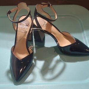 Vince Camuto Glossy Black Ankle Strap Chunky Heels Size 6.5